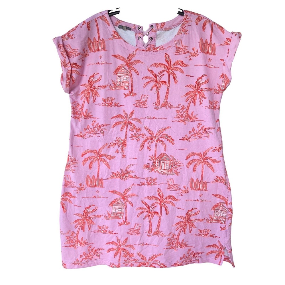 T by Talbots Dress 2X Pink Tropical Beach French Terry Resortwear Lace Up Back